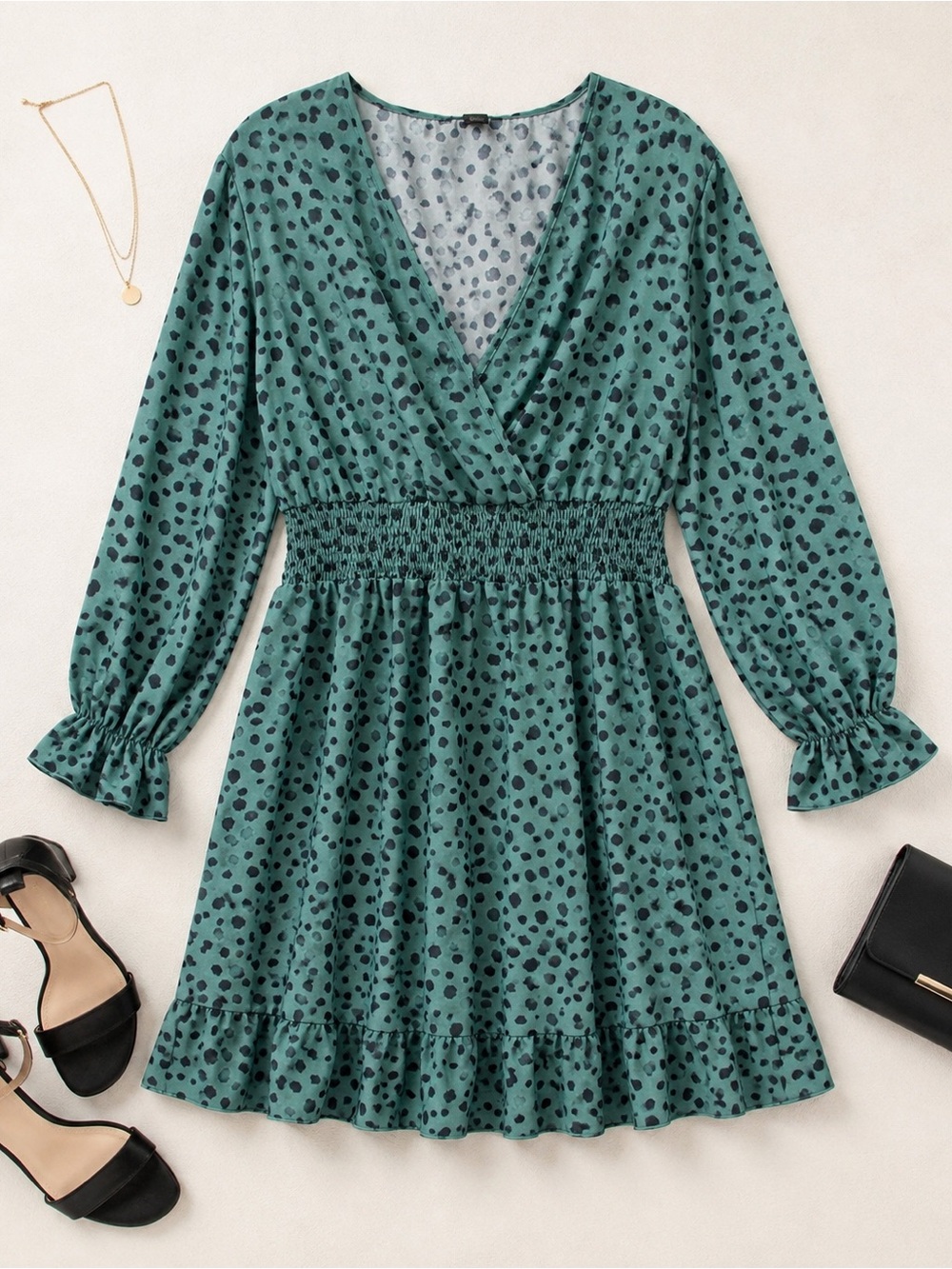Teal Green Black Spotted Polka Dot Smocked Waist Ruffle Plus Size Dress 2X/3X